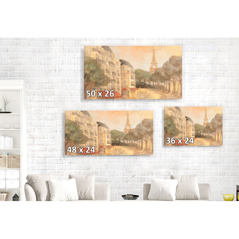Paris Vintage Street, café, tour Eiffel, brun clair, or, jaune, rouge, H 26 po x l 50 po x P 1,5 po