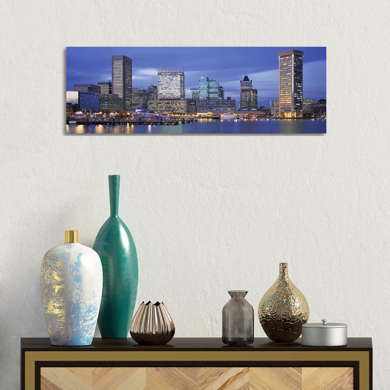 Panoramic View Of An Urban Skyline At Twilight, Baltimore, Maryland, USA - Wrapped Canvas Panoramic Print