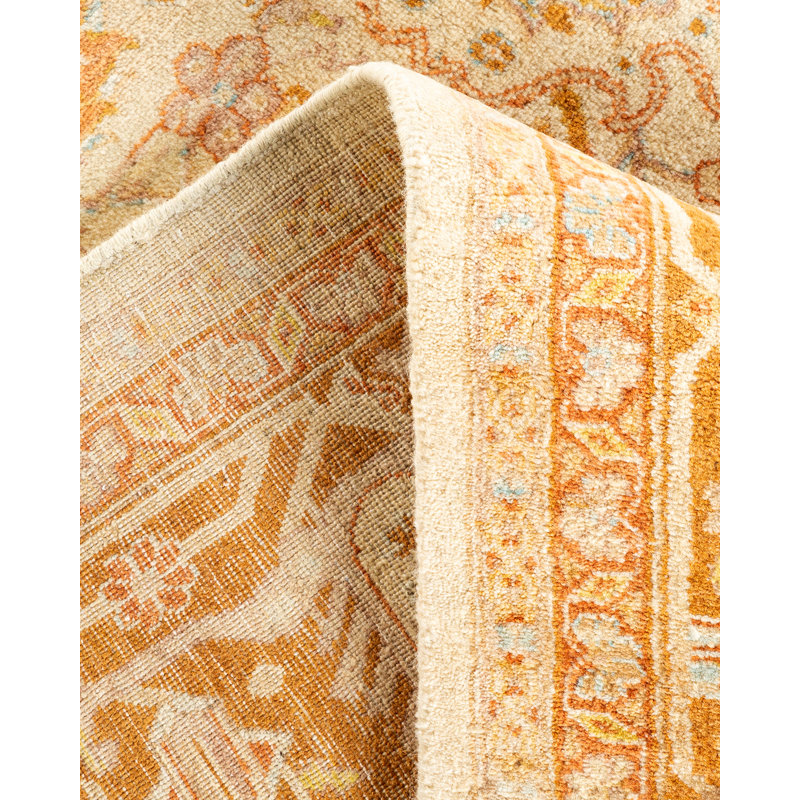 Ivory and Gold Hand-Knotted Wool Geometric 6' x 9' Rug