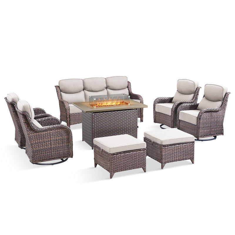 Ensemble de conversation pour patio en osier 8 pièces Heritage, 8 pièces: canapé, foyer, 4 chaises, 2 repose-pie, Beige, Brun