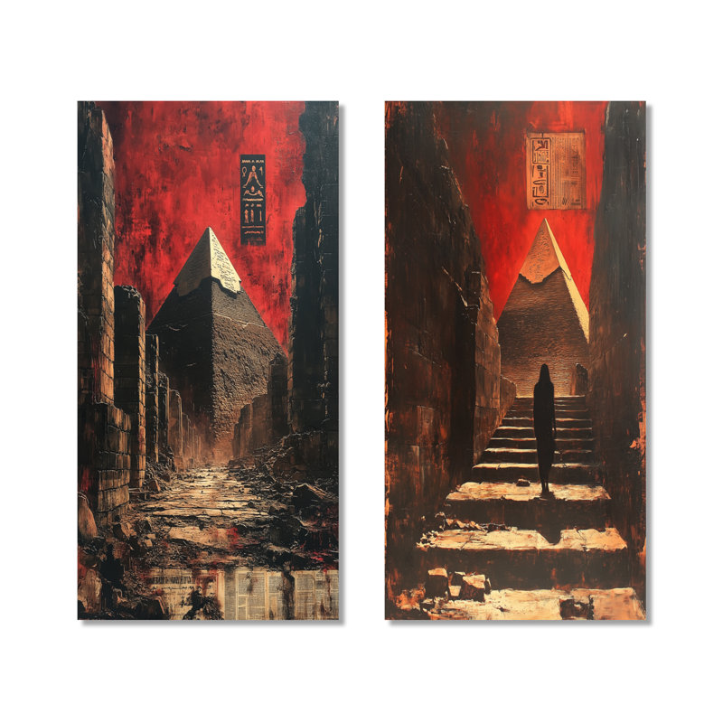 «Red Pharaohs Legacy Giza Pyramid I», ensemble de 2 reproductions d'art murales égyptiennes en métal, 32" H x 32" W