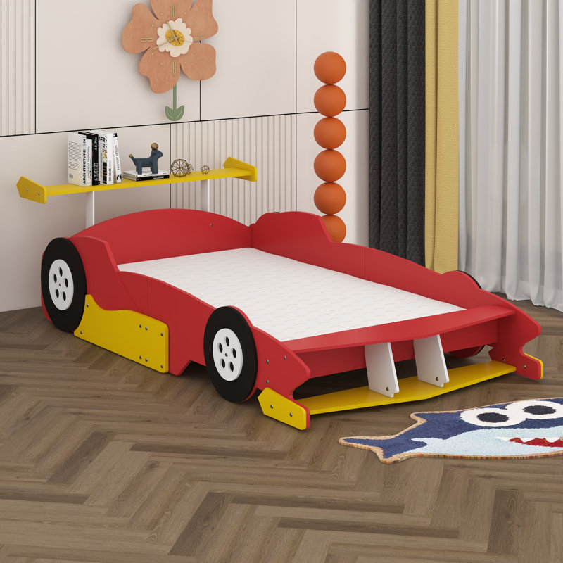 Full Size Race Car Bed For Kids, Wood Car-Shaped Platform Bed With Storage Shelves, Car Bed With Wheels  , Red