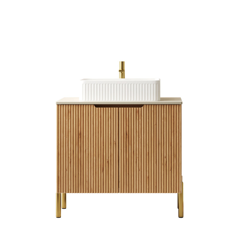 Meuble-lavabo de salle de bain 30 po avec lavabo, armoire de rangement autoportante en contreplaqué avec 2 portes, lavabo rectangulaire en céramique blanche et comptoir en pierre frittée à motif de travertin Roma