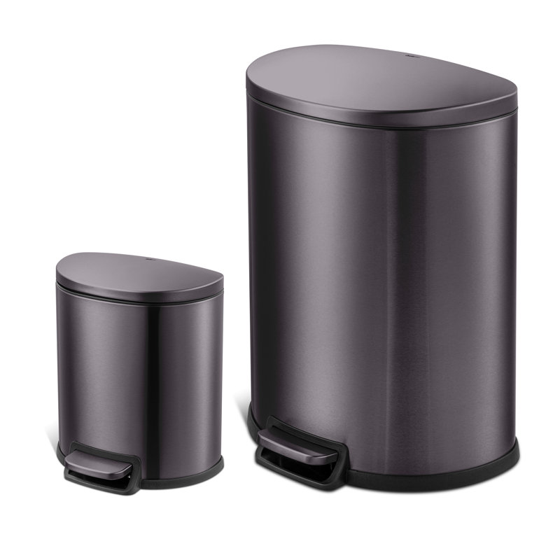 Black Stainless Steel D-Shape Step Trash Can Set with Pedal