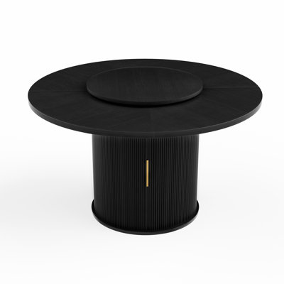 55-Inch Round Dining Table for 6, Modern Farmhouse Table with Rotating Tray, Storage Rack and Sliding Doors, Black