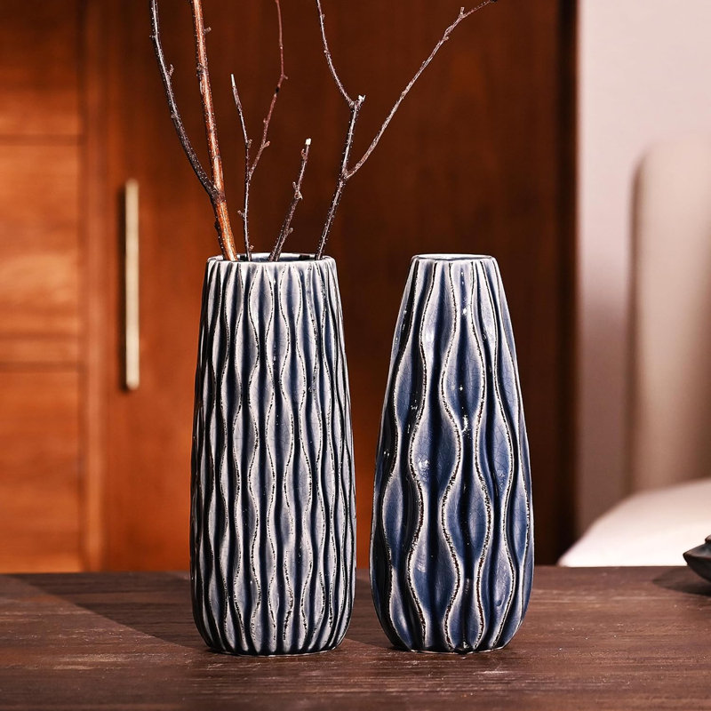9.5 Inch Set Of 2 Decorative Rustic Ceramic Vases, Blue