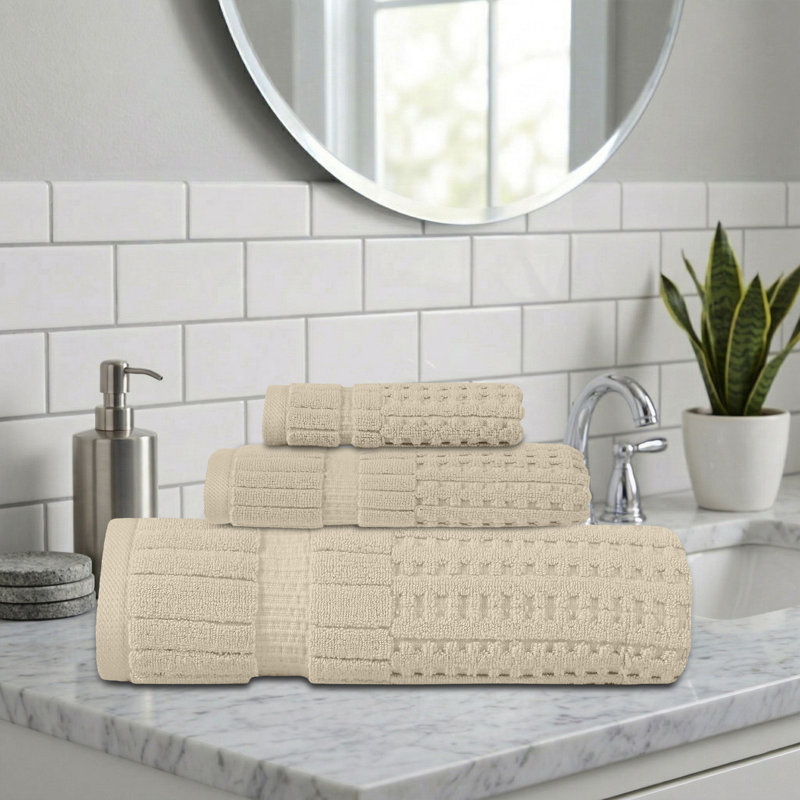 Willow 3 Pieces Towel Set – 100% Combed Cotton, Premium Quality 630 GSM, Ivory, Ultra-Soft & Highly Absorbent (1 Bath, 1 Hand, 1 Wash Towels set)