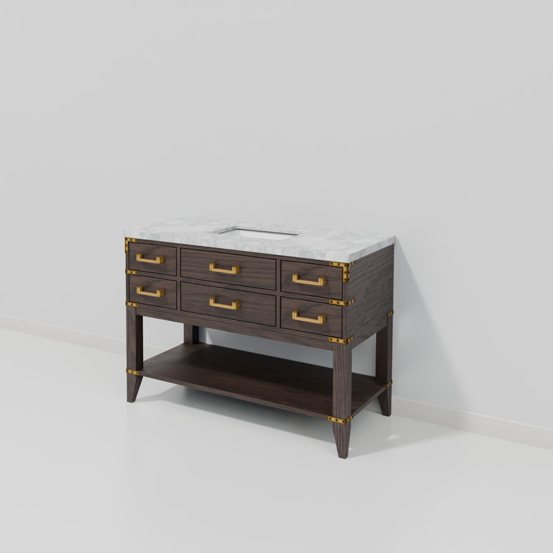 Ensemble de meuble-lavabo simple 48 po, Marbre de Carrare blanc, Chêne brun