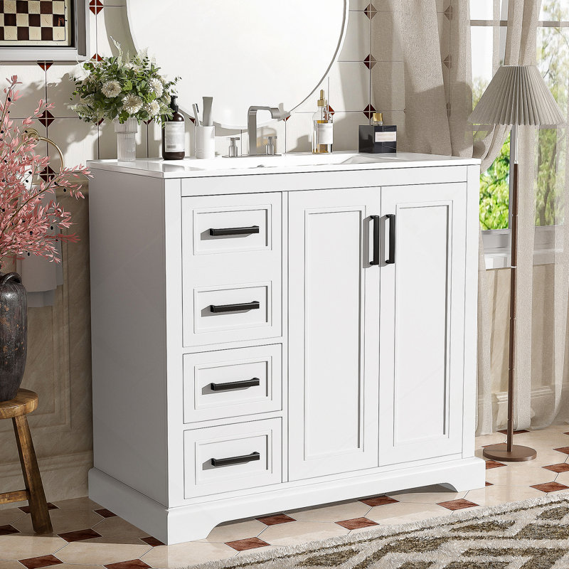 Meuble-lavabo moderne avec lavabo en céramique, caractéristiques de fermeture en douceur, tablette réglable et tiroirs pour salles de bain organisées et fonctionnelles