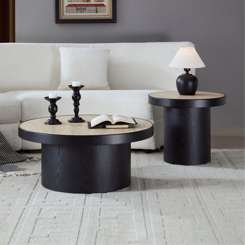 Ensemble de 2 tables basses, table basse ronde en panneau de fibres à densité moyenne en bois aggloméré pour salon, espace de loisirs