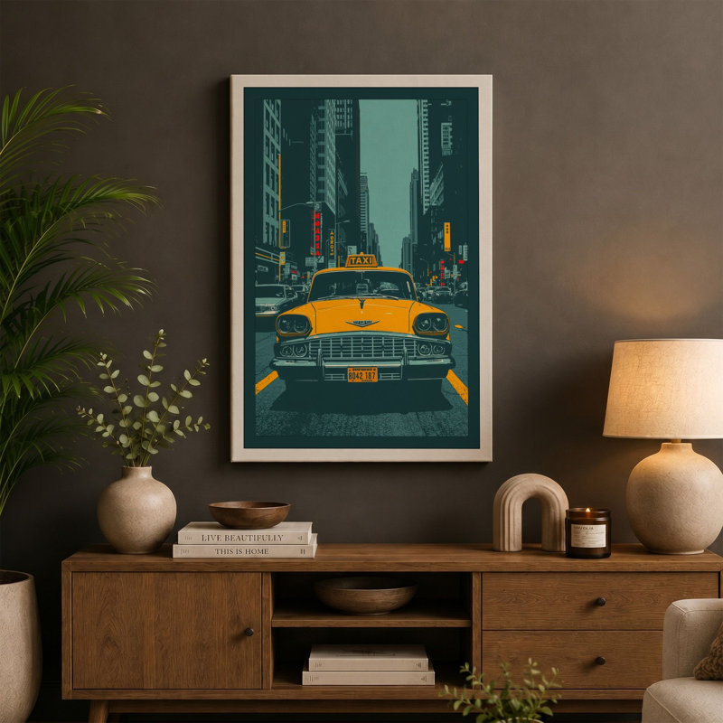 Yellow Cab in the City Retro - Wrapped Canvas, 24x16 - 61.0 x 40.6 cm, White Border