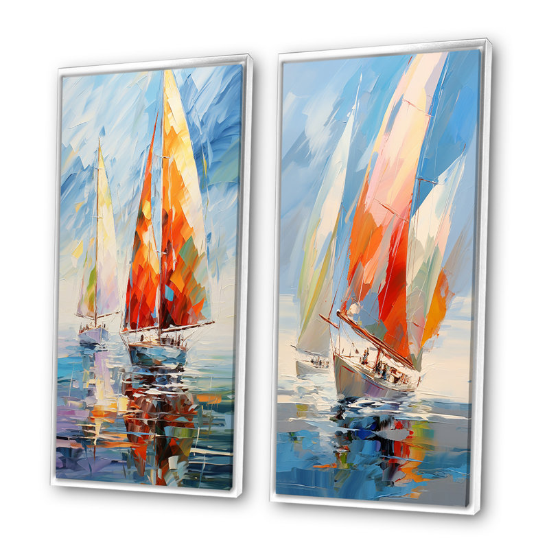"Voiliers abstraits" - 2 pièces sur toile, Cadre blanc, H 32 po x l 32 po