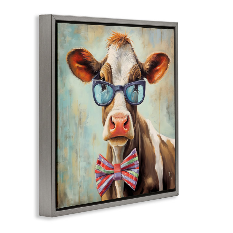 «Hipster Cow with Bowtie», art mural sur toile par Ivan Guaderrama, Cadre flottant gris lustré, H 18 po x l 18 po x P 1,7 po