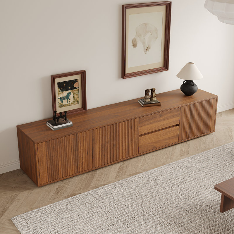 Meuble télé Mid-Century noyer brun 79 po avec rangement, console média rétro pour le salon