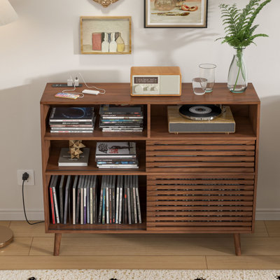 Record Player Stand With Two Sliding Doors For Record Storage, Record Player Table Can Hold Up To 350 Albums, Mid-century Style Turntable Stand For Living Room, Bedroom