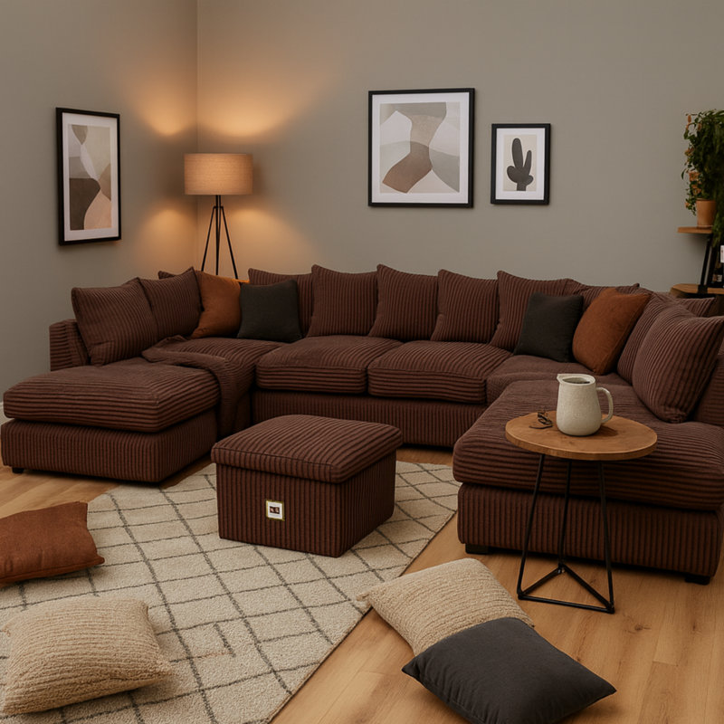 5 Seater Corduroy Corner Sofa , Chocolate