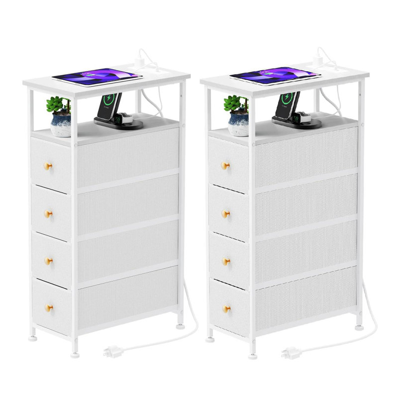 Set of 2 Narrow Bedside Table with USB Port, 4 Drawers Storage Cabinet, Nightstand with Power Socket