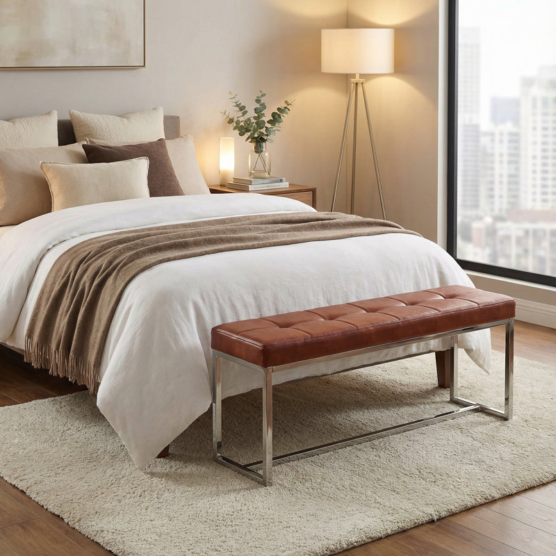Banc capitonné contemporain Monkstown, similicuir brun