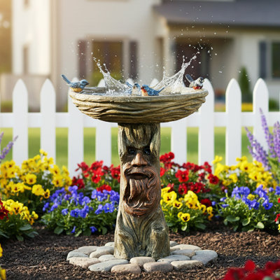 Large 24" Bird Bath for Outdoors, Tree Face Pedestal with Bird Accents, Decorative Concrete Birdbath for Garden Patio Yard
