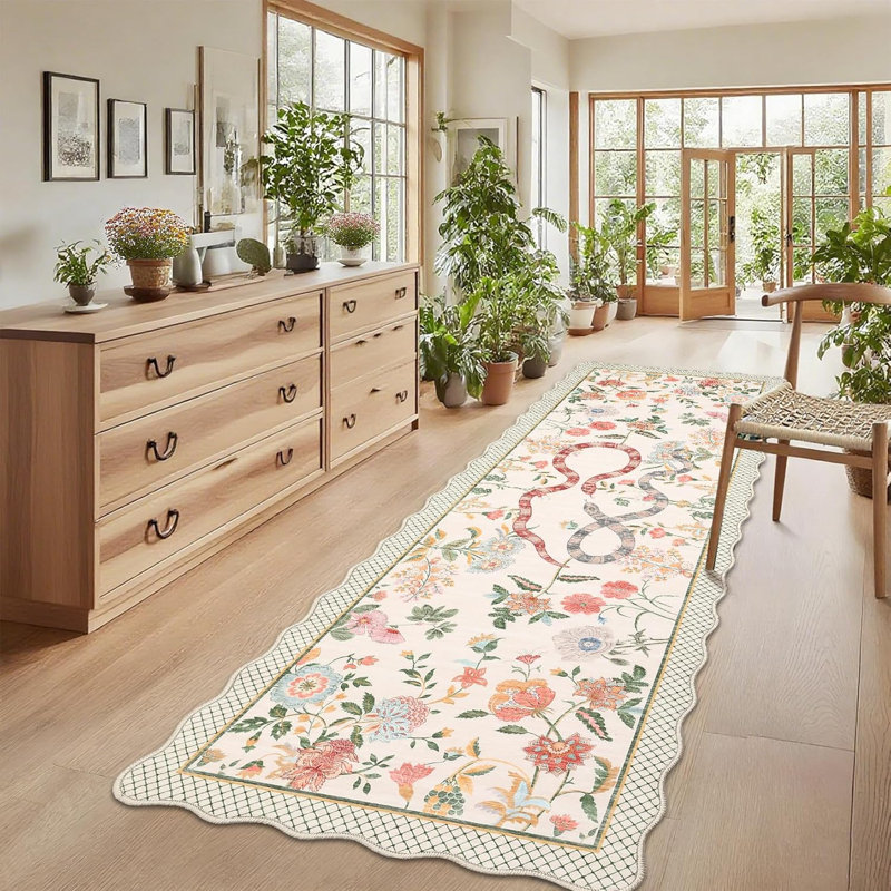 2x6 Kitchen Runner Rug – Soft Non-Shedding Low Pile Farmhouse Floral Carpet with Non-Slip Backing, Stain-Resistant Snake Print Bath Mat