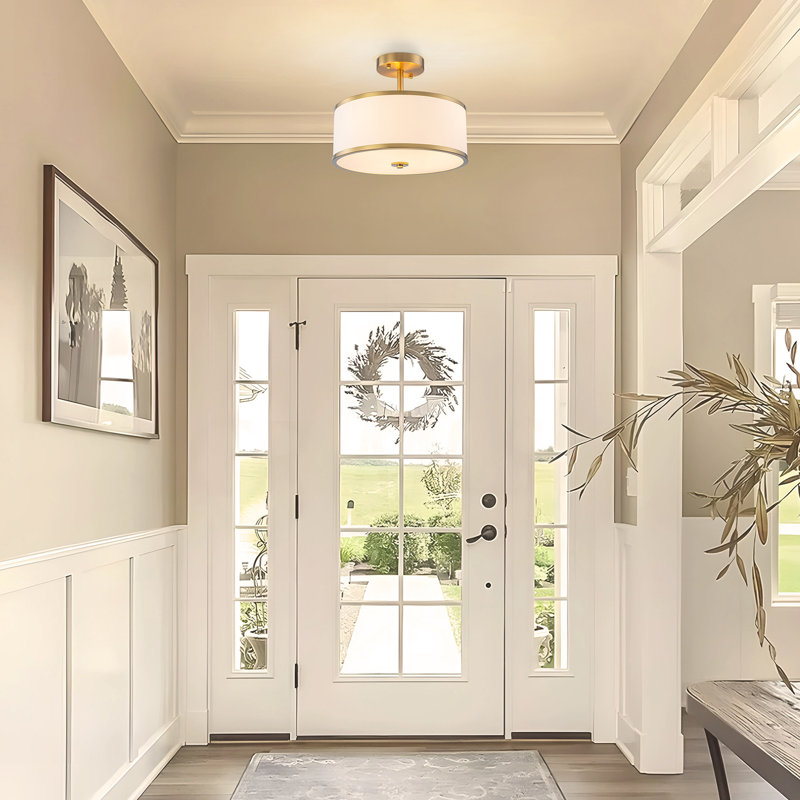 Nichoel 3-Light 5.12'' Drum Semi Flush Mount Ceiling Lights With Fabric Linen Shade, Gold