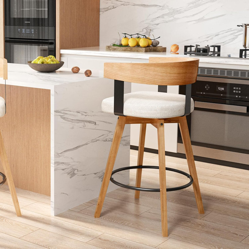 29'' Counter Modern Upholstered Swivel Bar Stools With Curved Wood Backrest & Solid Wood Frame -Linen Beige(Set Of 1)