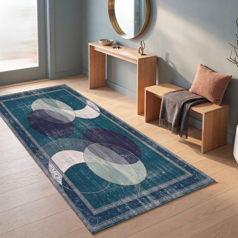 Tapis Alder2 Modern Circles géométrique bleu sarcelle et blanc, lavable à la machine, antidérapant, à poils courts, pour l'intérieur et l'extérieur, adapté aux animaux domestiques, idéal pour le salon, la chambre, la salle à manger, l'entrée, le corridor ou le bureau.