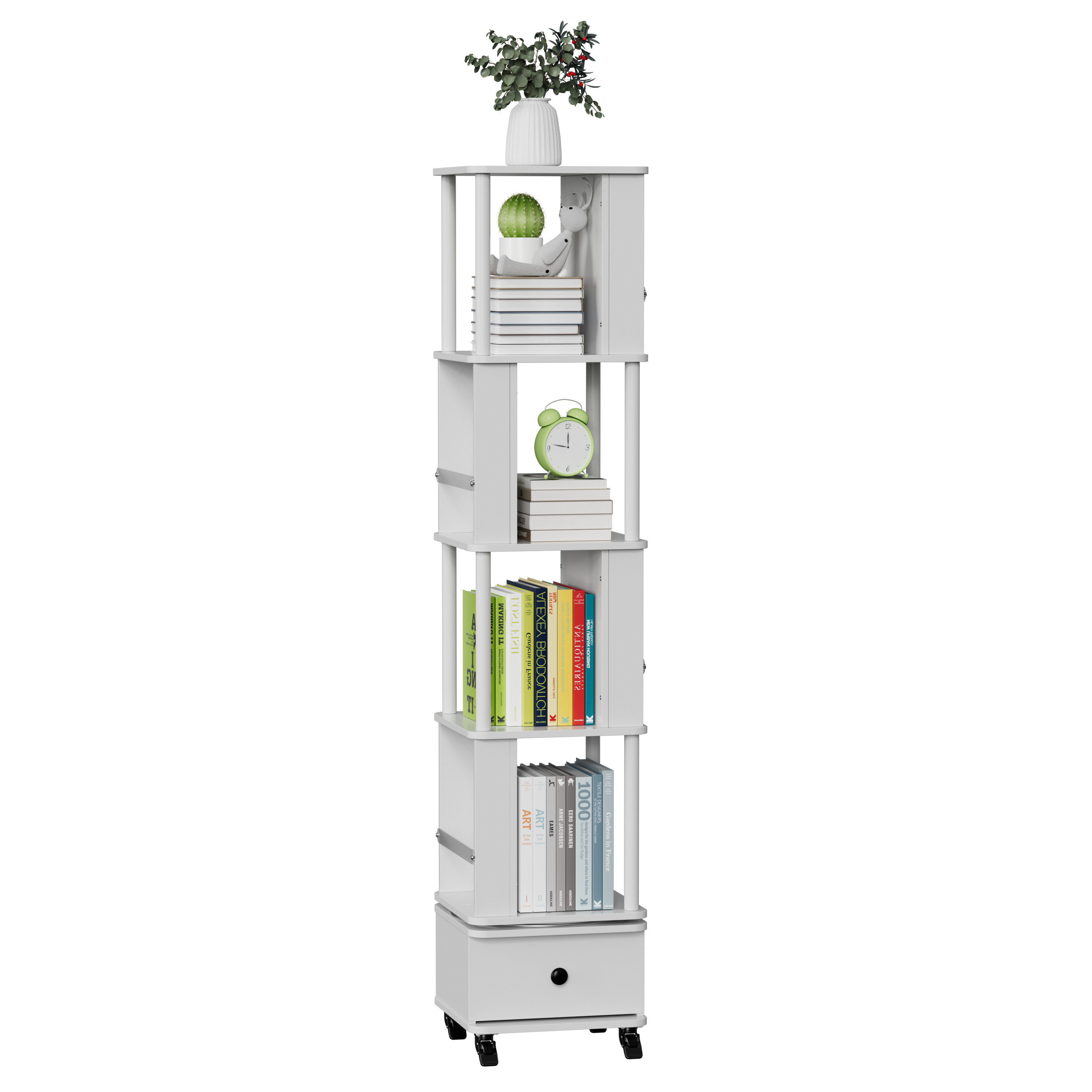 Ebern Designs 4 Tier Rotating Storage Bookcase with Drawer for Living