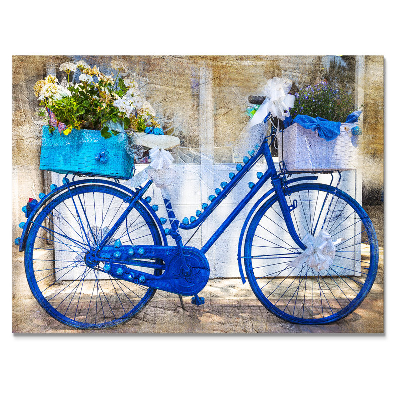 Vélo rétro bleu avec fleurs - Impression sur toile, H 30 po x l 40 po, Toile tendue