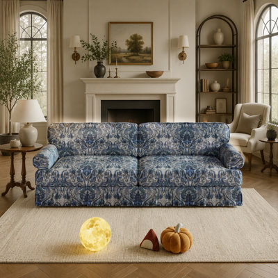 Canapé Cloud 3 et 4 places luxueux, de style milieu du siècle, en tissu Oxford, avec accoudoirs élégants et jupe plissée, assise extra profonde de 67 cm, idéal pour un appartement ou un bureau, motif floral noir et jaune.