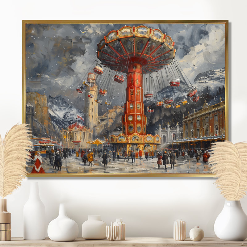 Troene - Amusement Parks Wall Art Living Room, Cadre flottant doré, H 12 po x l 20 po x P 1 po