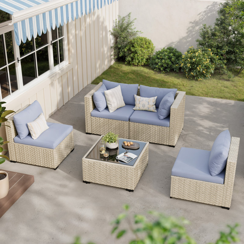 5 Piece Patio Conversation Set With Coffee Table And Cushions, Haze Blue