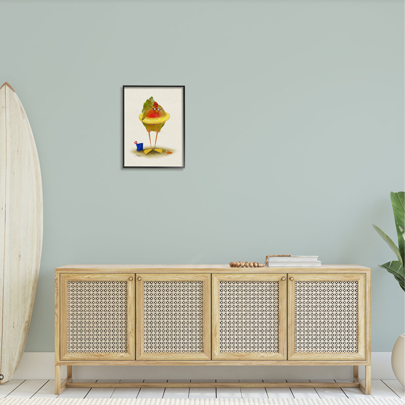 «Fun Whimsical Bird Beach Tube» par Shanda Louis - cadre flottant, impression sur bois, H 20 po x l 16 po x P 1,5 po