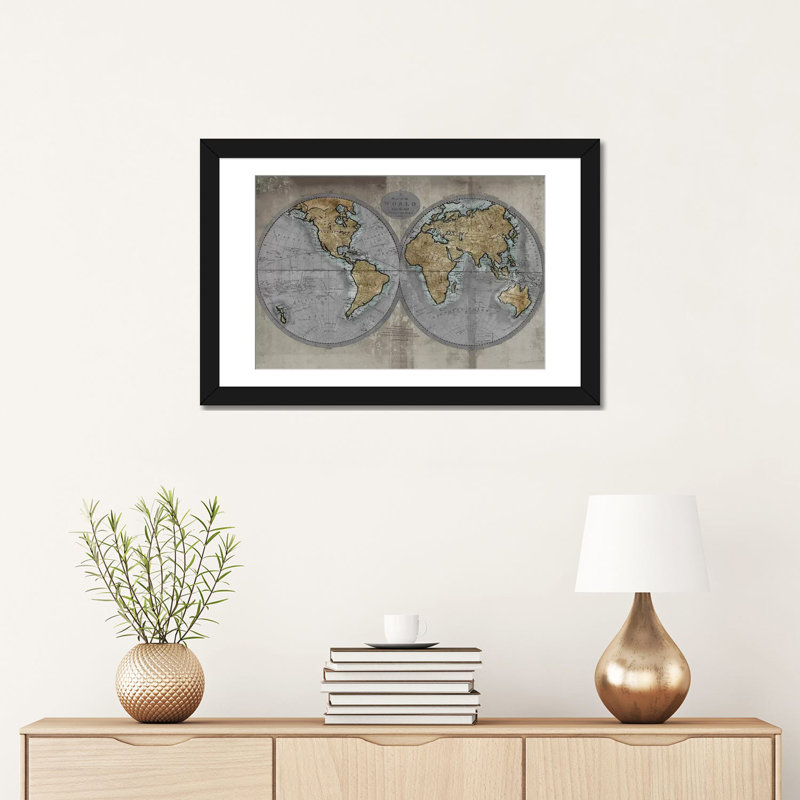 « map of the world », impression sur toile, H 16 po x l 24 po x P 1 po, Papier d'art encadré noir, Blanc