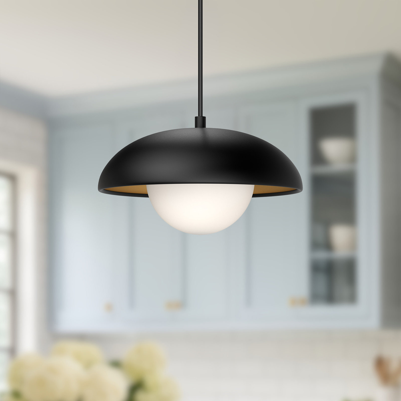 Alessia Single Light Glass Pendant, 6.375" H x 10.875" W x 10.875" D, Matte Black