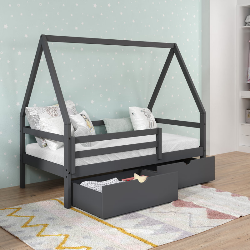 A-frame Modern Twin Dark Grey House Bed With Dual Underbed Drawers