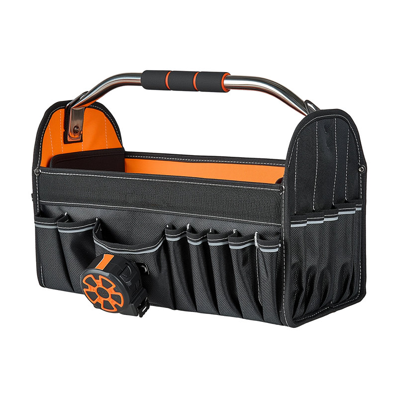 Sac à outils de 41 cm (16,1 pouces) avec 33 poches, conception ouverte sur le dessus, organisateur d'entretien durable avec poignée et bandoulière réglable, rangement portatif pour les projets de bricolage et les travaux sur chantier.