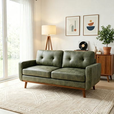 65" Olive Green Faux Leather 2-Seater Sofa, Solid Wood Legs & Breathable Fabric