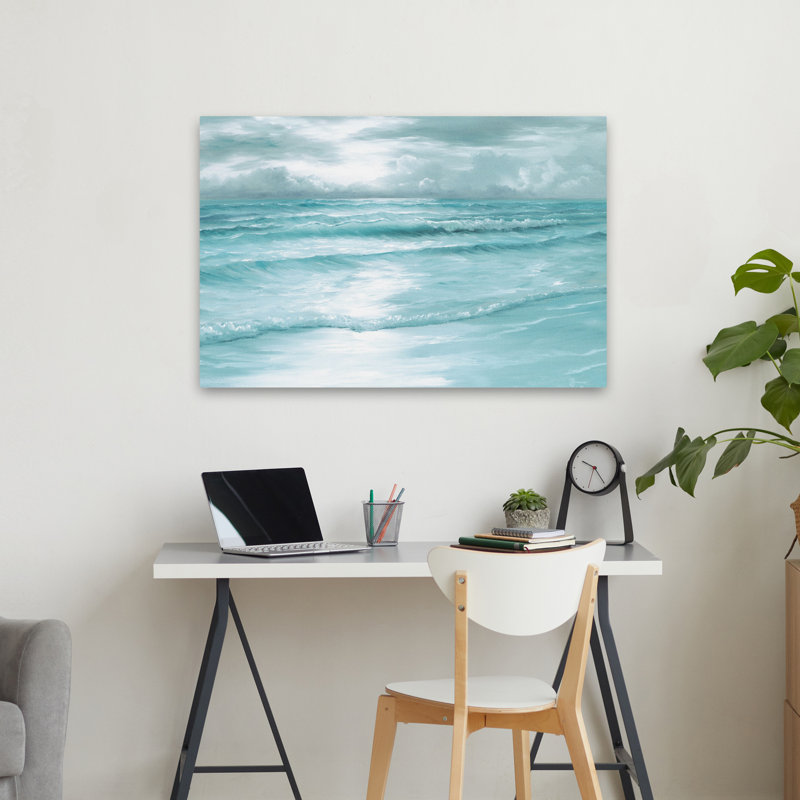 Morning Calm - Coastal Calm Ocean Waves Soft Seafoam Horizon, dessin au trait, H 24 po x l 36 po