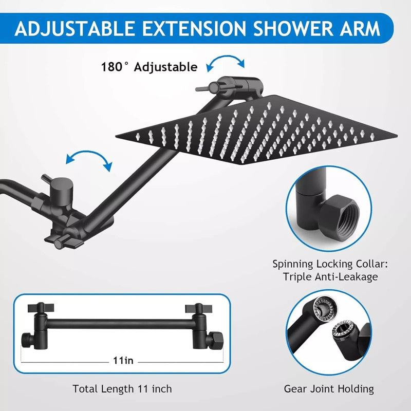 Shower Head Combo 12Inch High Pressure Rain Shower Head with 11 Inch Adjustable Extension Arm and 3 Settings Handheld Shower Head Combo with Long Hose