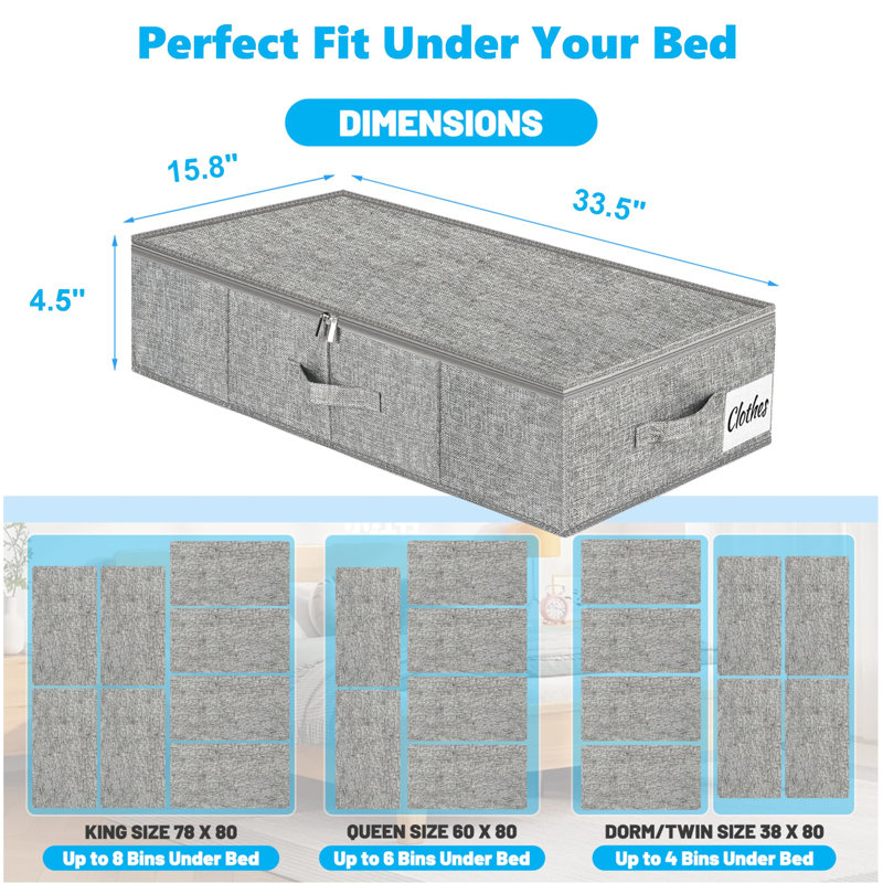 Under Bed Storage Container Bins 2 Pack, 4.5 Inch Slim Low Profile Underbed Clothes Storage Organizer, Foldable Thick Fabric, Grey