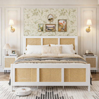 Rattan Bed Frame with Headboard and Strong Metal Slats Support, No Box Spring Needed, Noise-Free Design