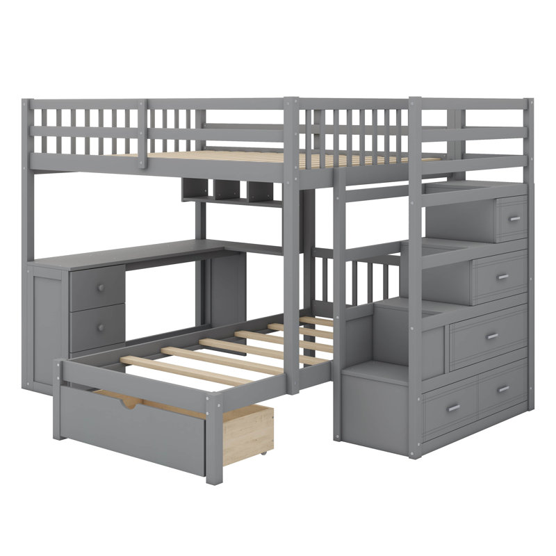 Lit superposé Jasniak avec bureau, tiroirs et tablettes, gris
