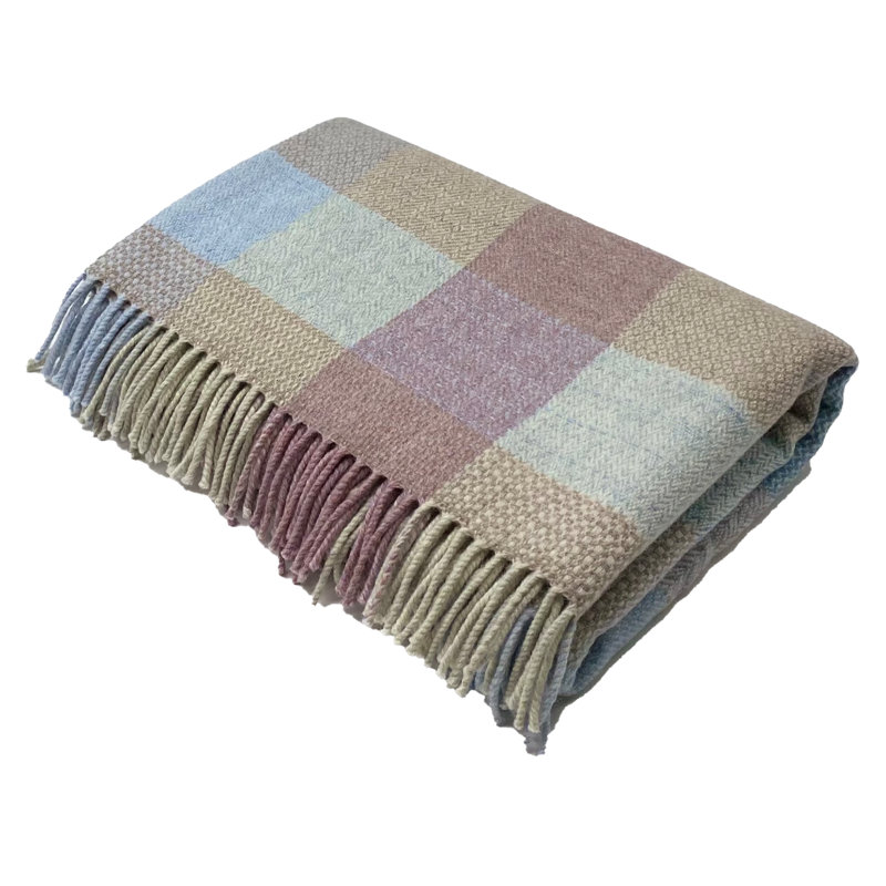 Jeté tissé en laine d'agneau Merino, Bleu / gris / beige / mauve à carreaux