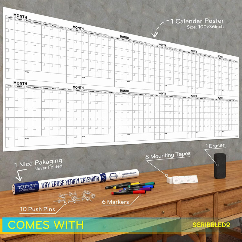 Extra Large 100"x36" White Board Calendar Dry Erase Calendar For Wall 12 Month 