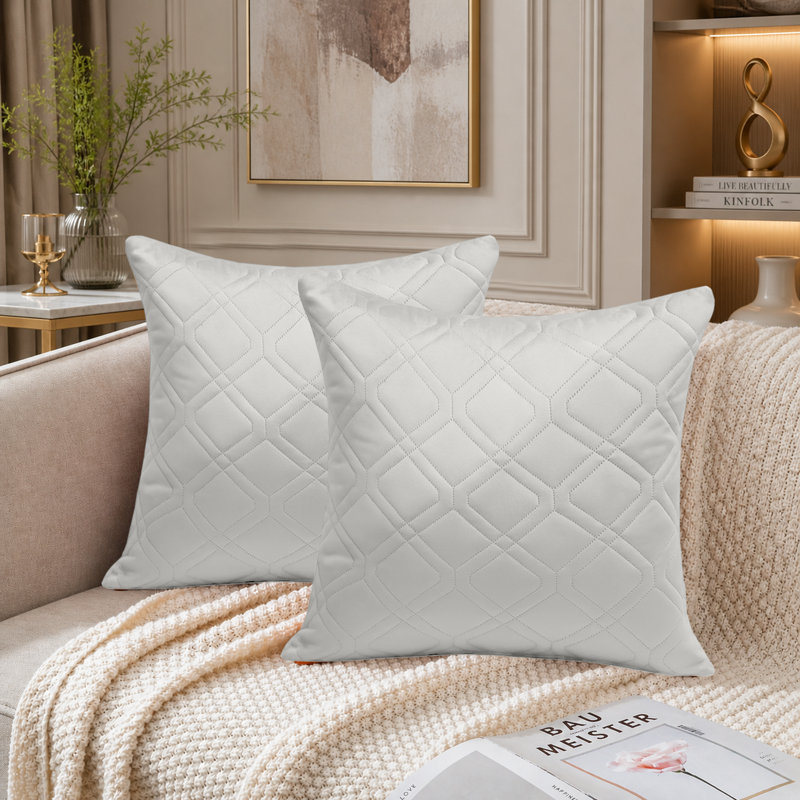 Diamond Pattern Velvet Cushion Covers Set of 2 – Soft Textured Scatter Pillow Covers for Sofa, Bed & Living Room , White