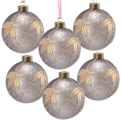 3.9" Glass Christmas Ball Ornaments - Set Of 6 Glitter & Flocking Hanging Decor For Holiday Tree & Party