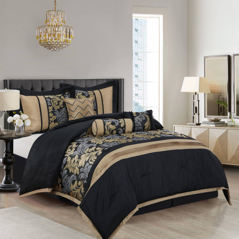  Pierre 7 Piece Luxury Glam Comforter Set, Queen Comforter + 6 Additional Pieces, Black/Gold