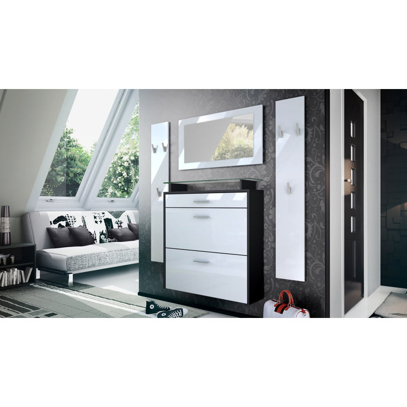 Mccarroll Hall Tree with Shoe Storage, Glossy white/Matt black