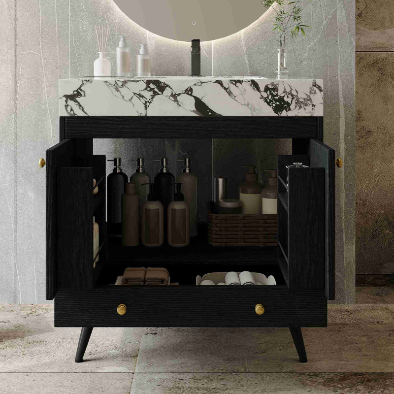 Meuble-lavabo autoportant Mid-Century, Noir, Noir
